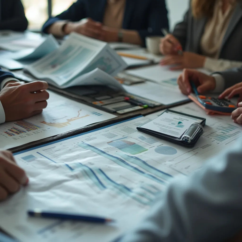 Personas discutiendo finanzas corporativas, con modelos y gráficos en una mesa.