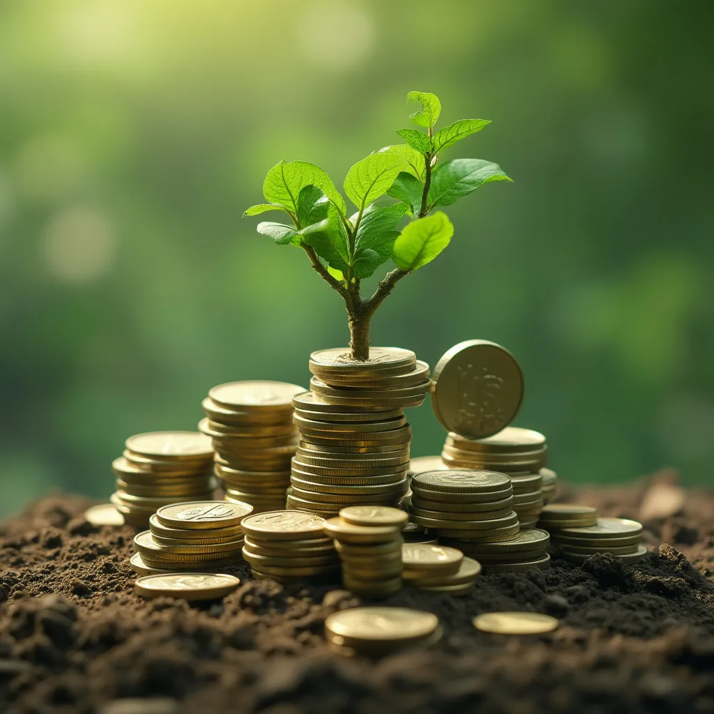 Representación de finanzas sostenibles con elementos naturales y símbolos de crecimiento.
