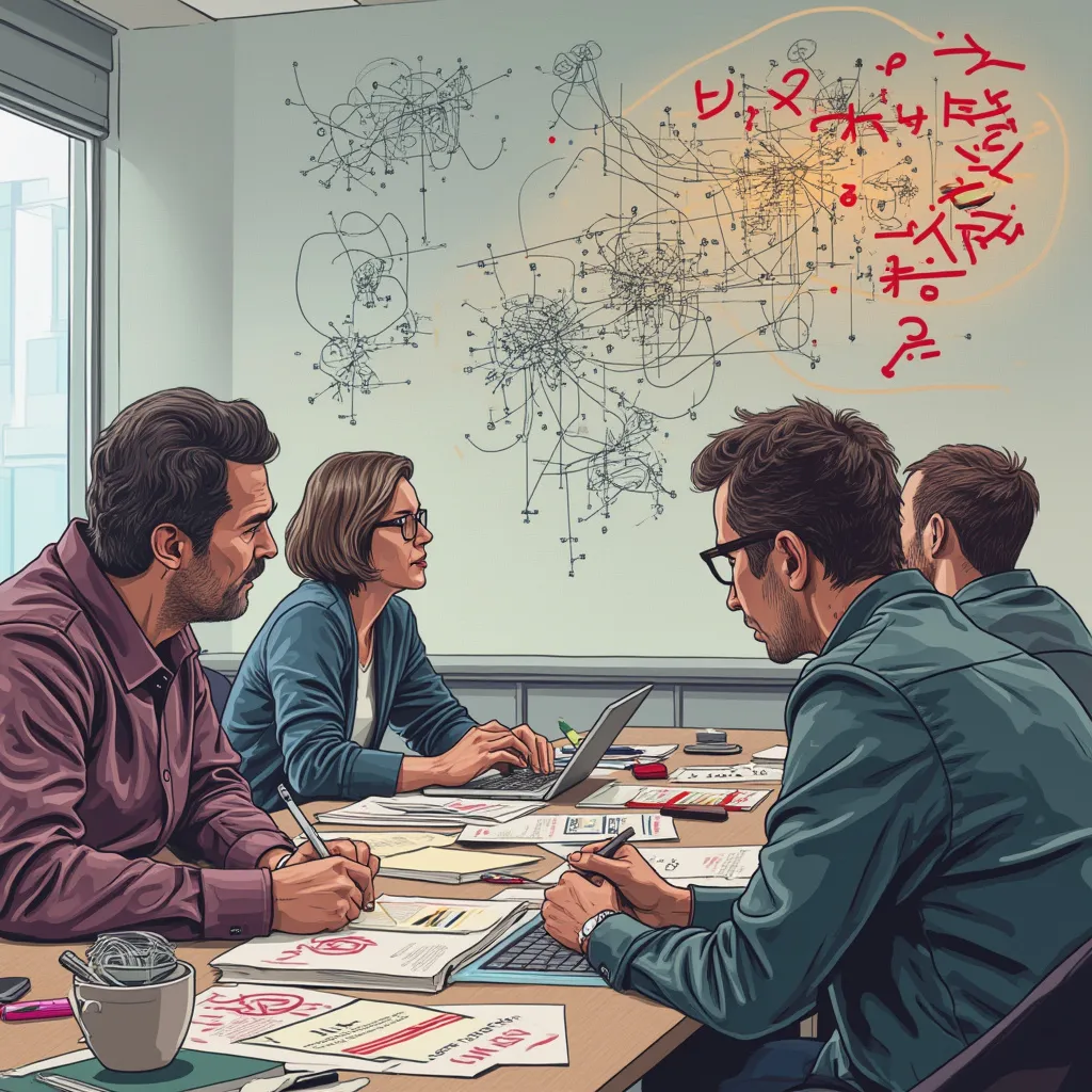 Personas analizando gráficos de riesgos financieros en una reunión.